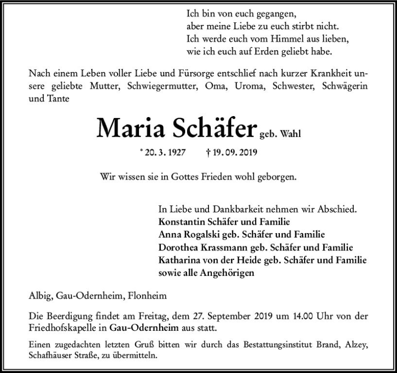  Traueranzeige für Maria Schäfer vom 21.09.2019 aus vrm-trauer