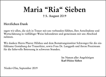 Traueranzeige von Maria Sieben von vrm-trauer