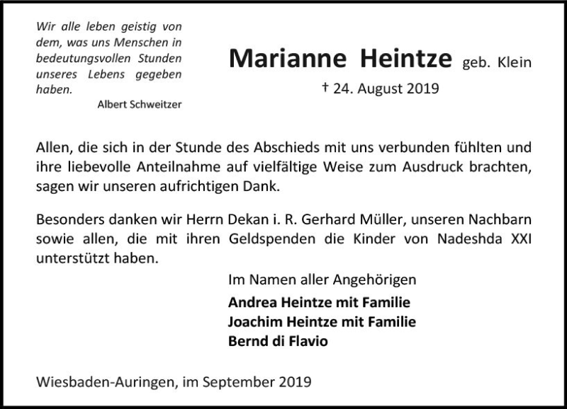  Traueranzeige für Marianne Heintze vom 07.09.2019 aus vrm-trauer