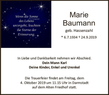 Traueranzeige von Marie Baumann von vrm-trauer