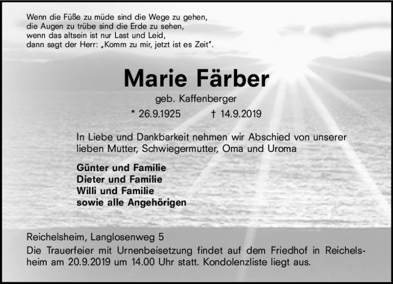  Traueranzeige für Marie Färber vom 18.09.2019 aus vrm-trauer
