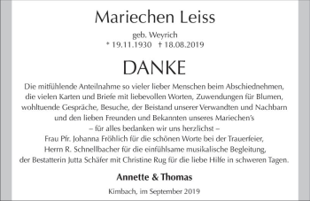 Traueranzeige von Mariechen Leiss von vrm-trauer