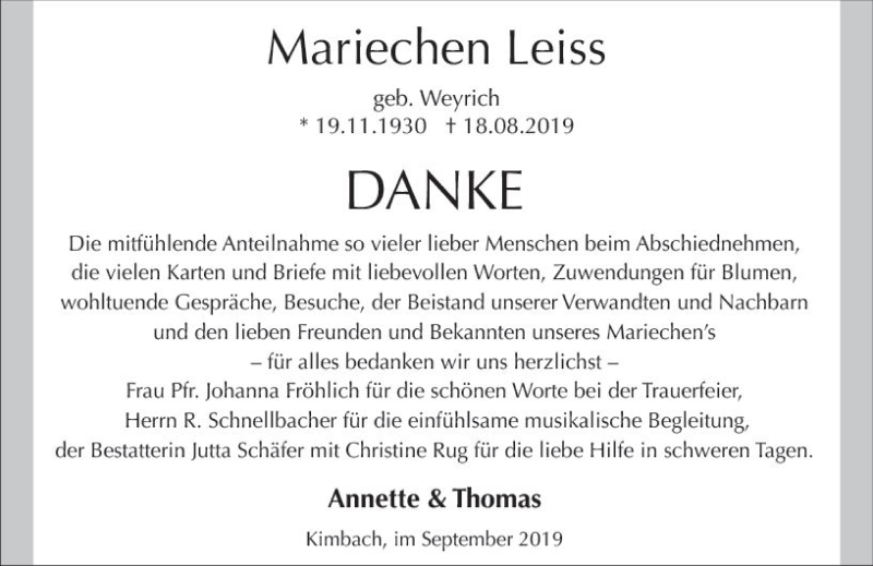  Traueranzeige für Mariechen Leiss vom 14.09.2019 aus vrm-trauer