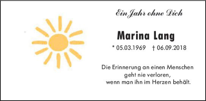  Traueranzeige für Marina Lang vom 07.09.2019 aus vrm-trauer