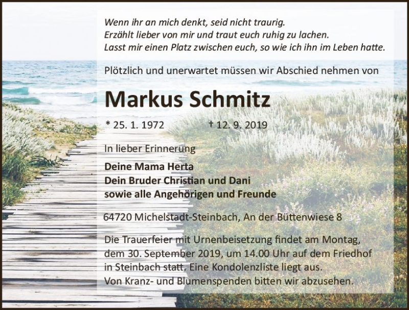  Traueranzeige für Markus Schmitz vom 21.09.2019 aus vrm-trauer