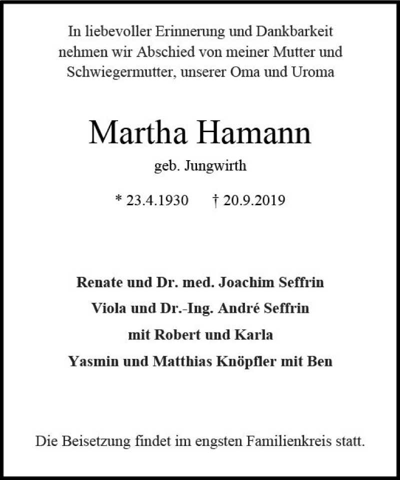  Traueranzeige für Martha Hamann vom 28.09.2019 aus vrm-trauer