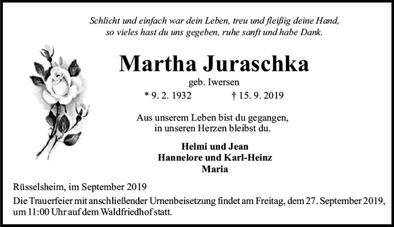  Traueranzeige für Martha Juraschka vom 21.09.2019 aus vrm-trauer