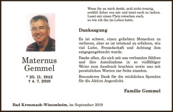 Traueranzeige von Maternus Gemmel von vrm-trauer