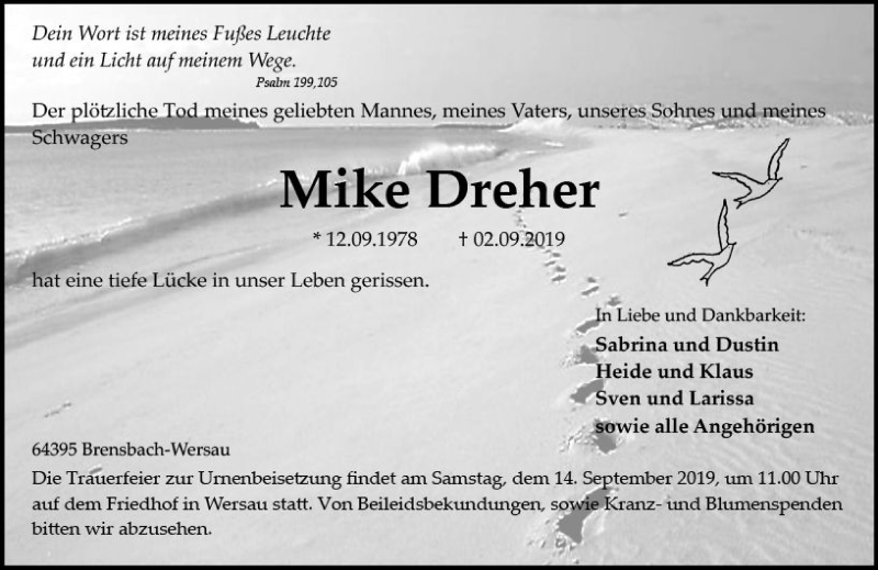  Traueranzeige für Mike Dreher vom 11.09.2019 aus vrm-trauer