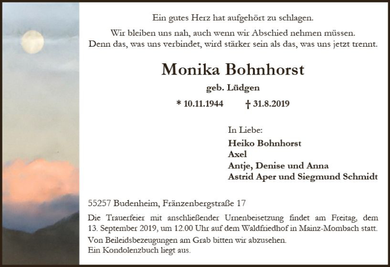  Traueranzeige für Monika Bohrhorst vom 07.09.2019 aus vrm-trauer