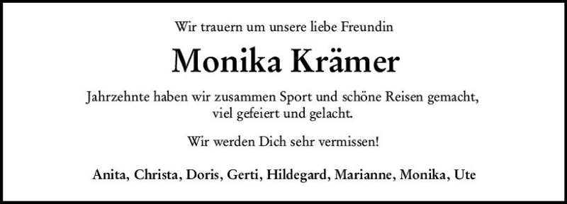  Traueranzeige für Monika Krämer vom 07.09.2019 aus vrm-trauer