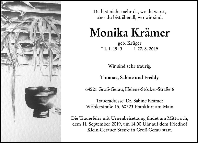  Traueranzeige für Monika Krämer vom 07.09.2019 aus vrm-trauer