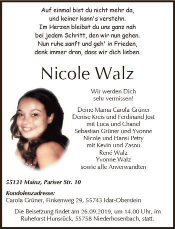 Traueranzeige von Nicole Walz von vrm-trauer