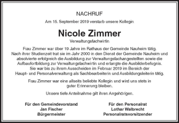 Traueranzeige von Nicole Zimmer von vrm-trauer