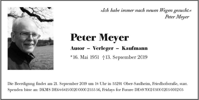  Traueranzeige für Peter Meyer vom 16.09.2019 aus vrm-trauer