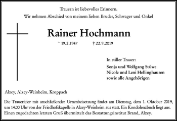 Traueranzeige von Rainer Hochmann von vrm-trauer