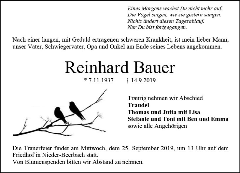  Traueranzeige für Reinhard Bauer vom 21.09.2019 aus vrm-trauer