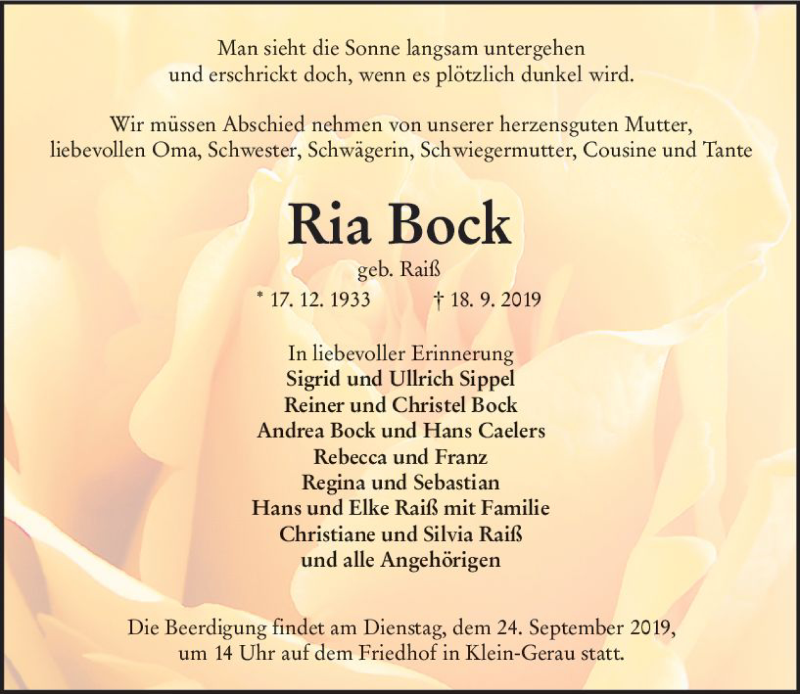  Traueranzeige für Ria Bock vom 21.09.2019 aus vrm-trauer