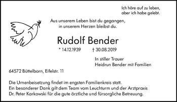 Traueranzeige von Rudolf Bender von vrm-trauer