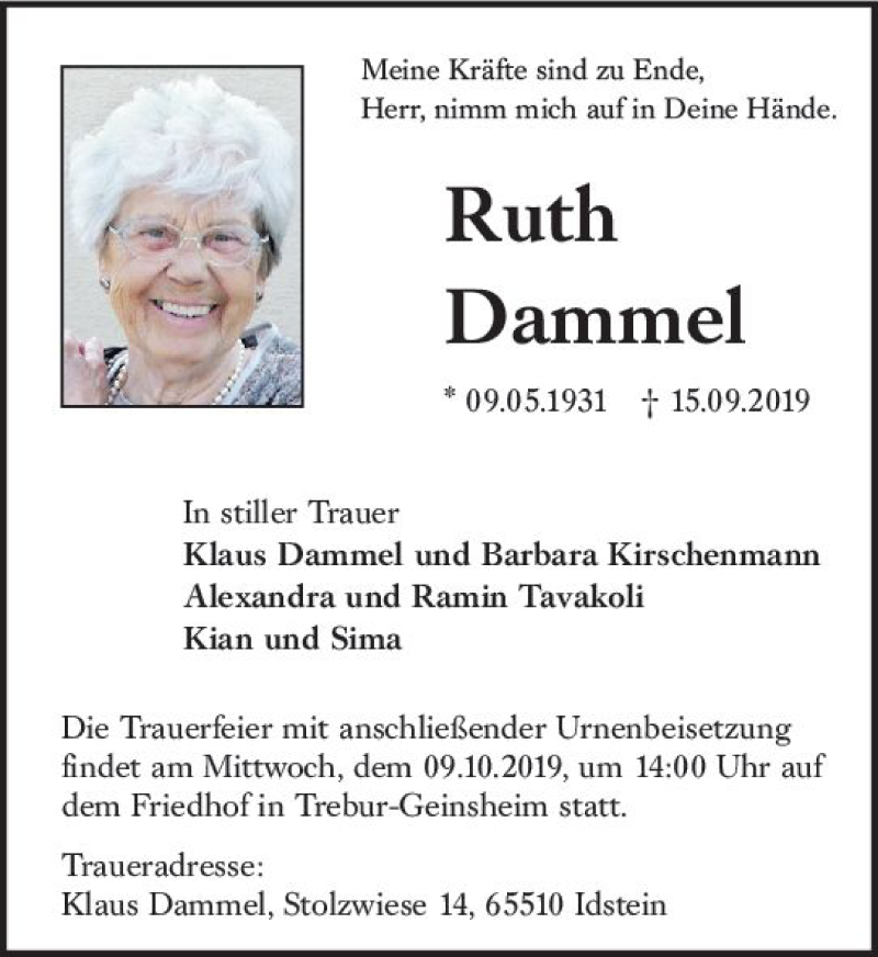  Traueranzeige für Ruth Dammel vom 21.09.2019 aus vrm-trauer