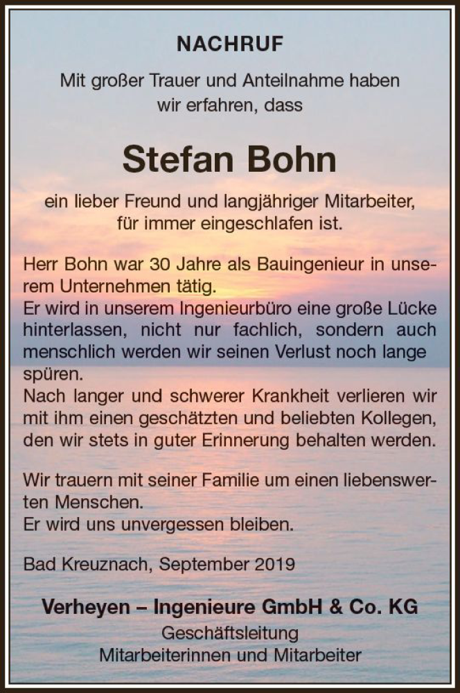  Traueranzeige für Stefan Bohn vom 27.09.2019 aus vrm-trauer