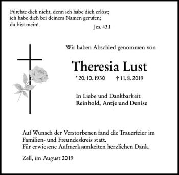Traueranzeige von Theresia Lust von vrm-trauer