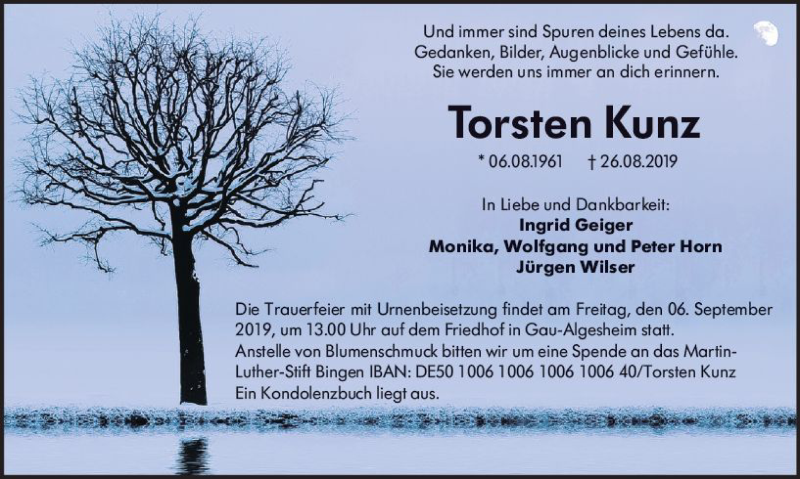  Traueranzeige für Torsten Kunz vom 04.09.2019 aus vrm-trauer