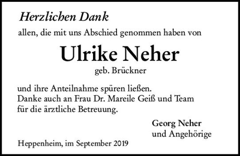  Traueranzeige für Ulrike Neher vom 28.09.2019 aus vrm-trauer