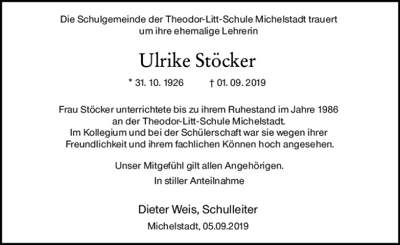  Traueranzeige für Ulrike Stöcker vom 06.09.2019 aus vrm-trauer