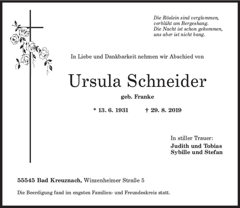  Traueranzeige für Ursula Schneider vom 07.09.2019 aus vrm-trauer