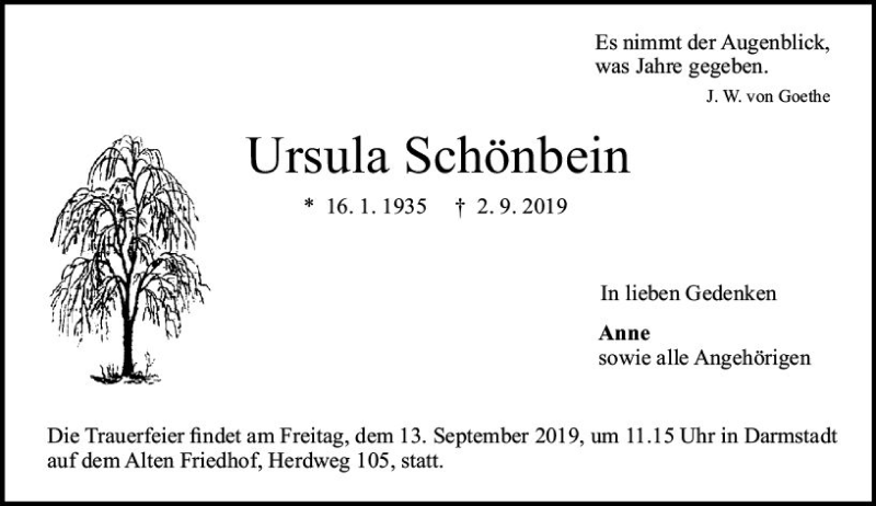  Traueranzeige für Ursula Schönbein vom 07.09.2019 aus vrm-trauer