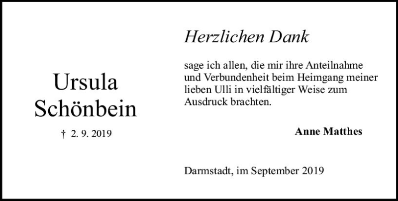  Traueranzeige für Ursula Schönbein vom 28.09.2019 aus vrm-trauer