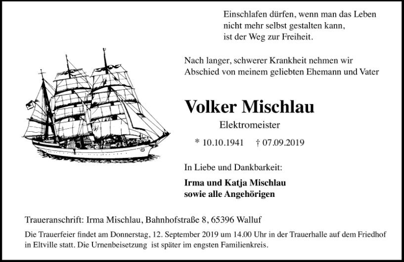  Traueranzeige für Volker Mischlau vom 10.09.2019 aus vrm-trauer