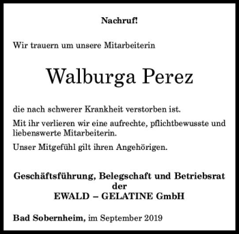 Traueranzeige von Walburga Perez von vrm-trauer