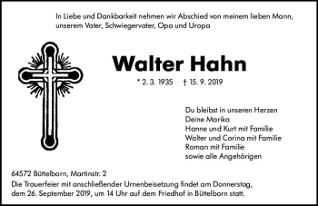 Traueranzeige von Walter Hahn von vrm-trauer