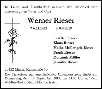 Traueranzeige von Werner Rieser von vrm-trauer