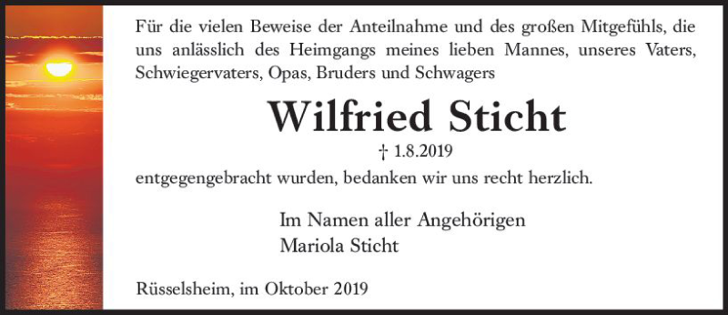  Traueranzeige für Wilfried Sticht vom 28.09.2019 aus vrm-trauer