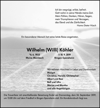 Traueranzeige von Wilhelm Köhler von vrm-trauer