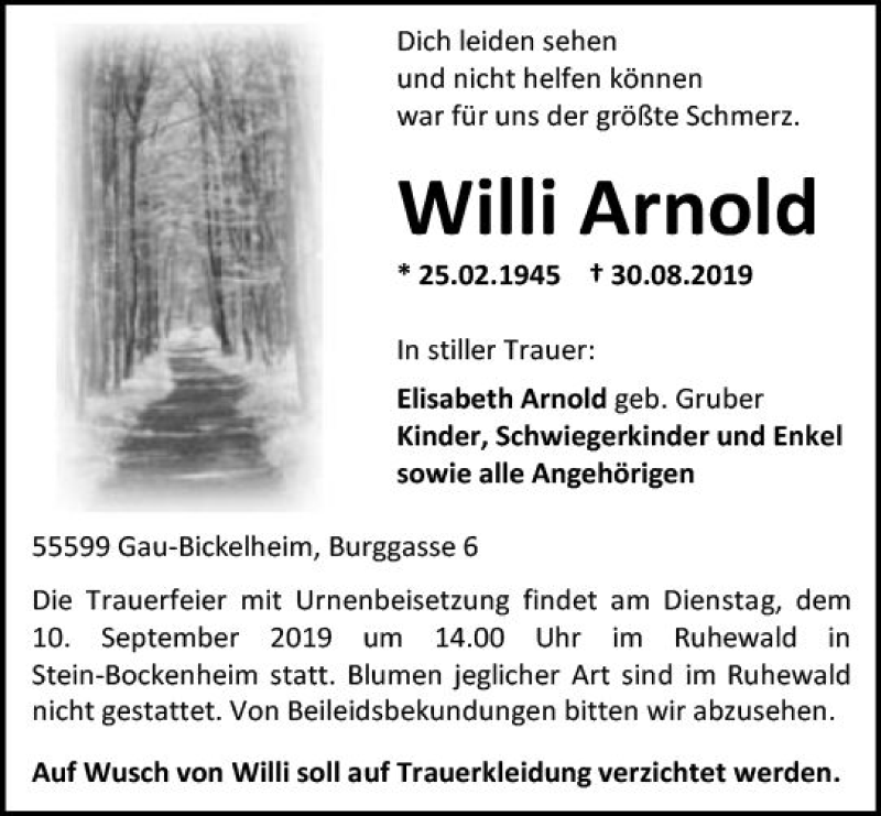  Traueranzeige für Willi Arnold vom 07.09.2019 aus vrm-trauer