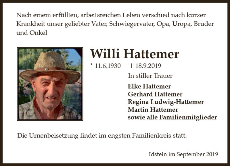  Traueranzeige für Willi Hattemer vom 28.09.2019 aus vrm-trauer