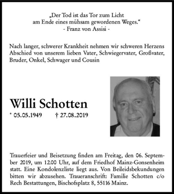 Traueranzeige von Willi Schotten von vrm-trauer