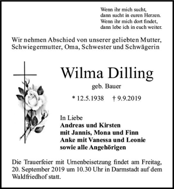 Traueranzeige von Wilma Dilling von vrm-trauer