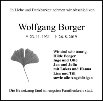 Traueranzeige von Wolfgang Borger von vrm-trauer