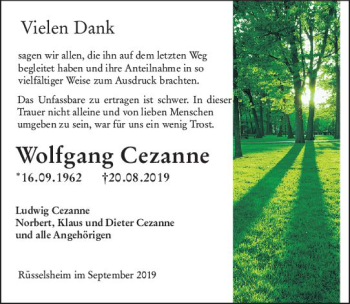 Traueranzeige von Wolfgang Cezanne von vrm-trauer