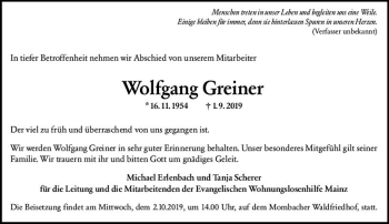 Traueranzeige von Wolfgang Greiner von vrm-trauer