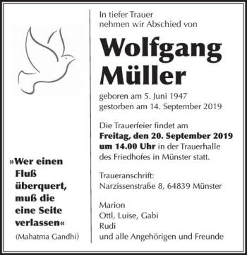 Traueranzeige von Wolfgang Müller von vrm-trauer