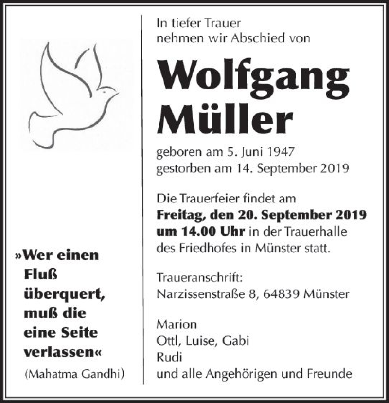  Traueranzeige für Wolfgang Müller vom 18.09.2019 aus vrm-trauer