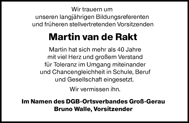  Traueranzeige für Martin van de Rakt vom 16.01.2020 aus 