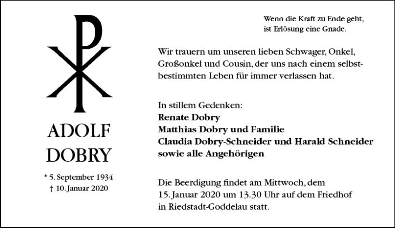  Traueranzeige für Adolf Dobry vom 13.01.2020 aus vrm-trauer