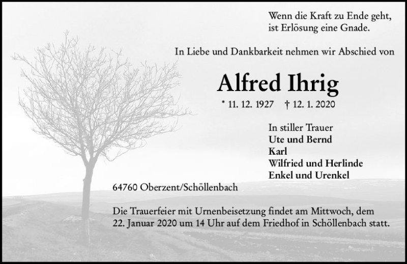  Traueranzeige für Alfred Ihrig vom 18.01.2020 aus vrm-trauer